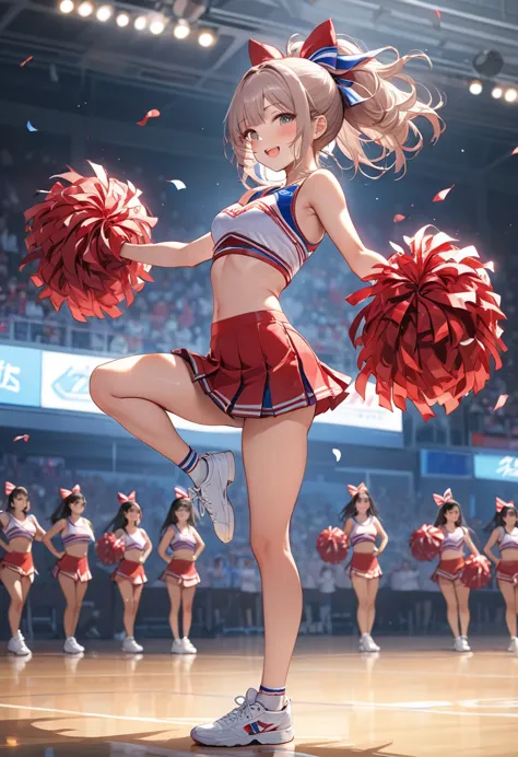 (masterpiece, best quality:1.2), 1girl, full body,side shot,cheerleaders,(pom-pom in both hands:1.3),standing one leg,(raise one...