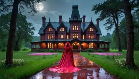 a mystical hdr scene: light rain, (1 (a gigantic victorian gothic style house, very large, detailed, masterpiece, with a chimney...