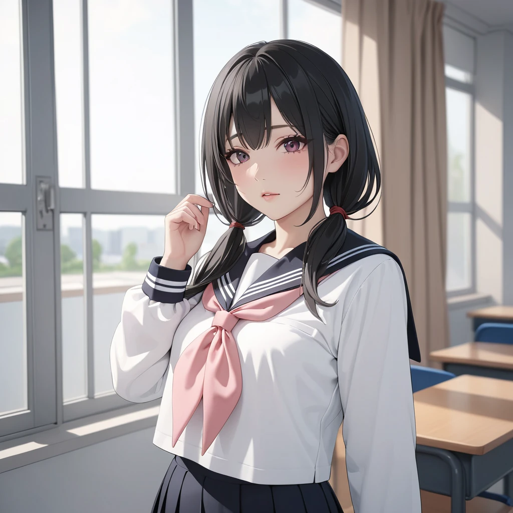 (High resolution, 8k, best quality, masterpiece, ultra detailed), anatomically correct, anime, 1girl, very long low twintails, red ribbon, very long low pigtails, black hair, serafuku, black sailor collar, white blouse, pink neckerchief, school, from front