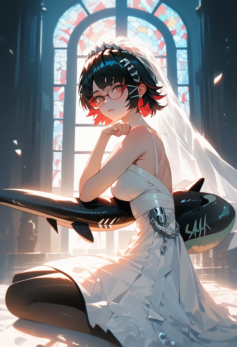 masterpiece，high resolution，Anime Art，Anime Numbers， 4k anime wallpaper，Soft Light，Radiant Skin，Backlight，Solitary，An anime girl，Sitting，White Wedding Dress，Black short hair，Striped hair，Red glasses，Black pantyhose，Black shark tail，Colorful glass