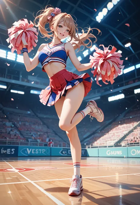 (masterpiece, best quality:1.2), 1girl, full body,side shot,cheerleaders,(pom-pom in both hands:1.3),standing one leg,(raise one...