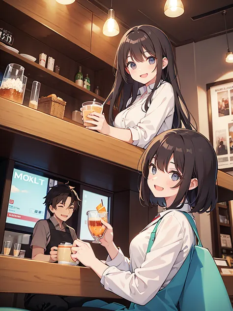 man and woman smiling and laughing at each other in a cafe