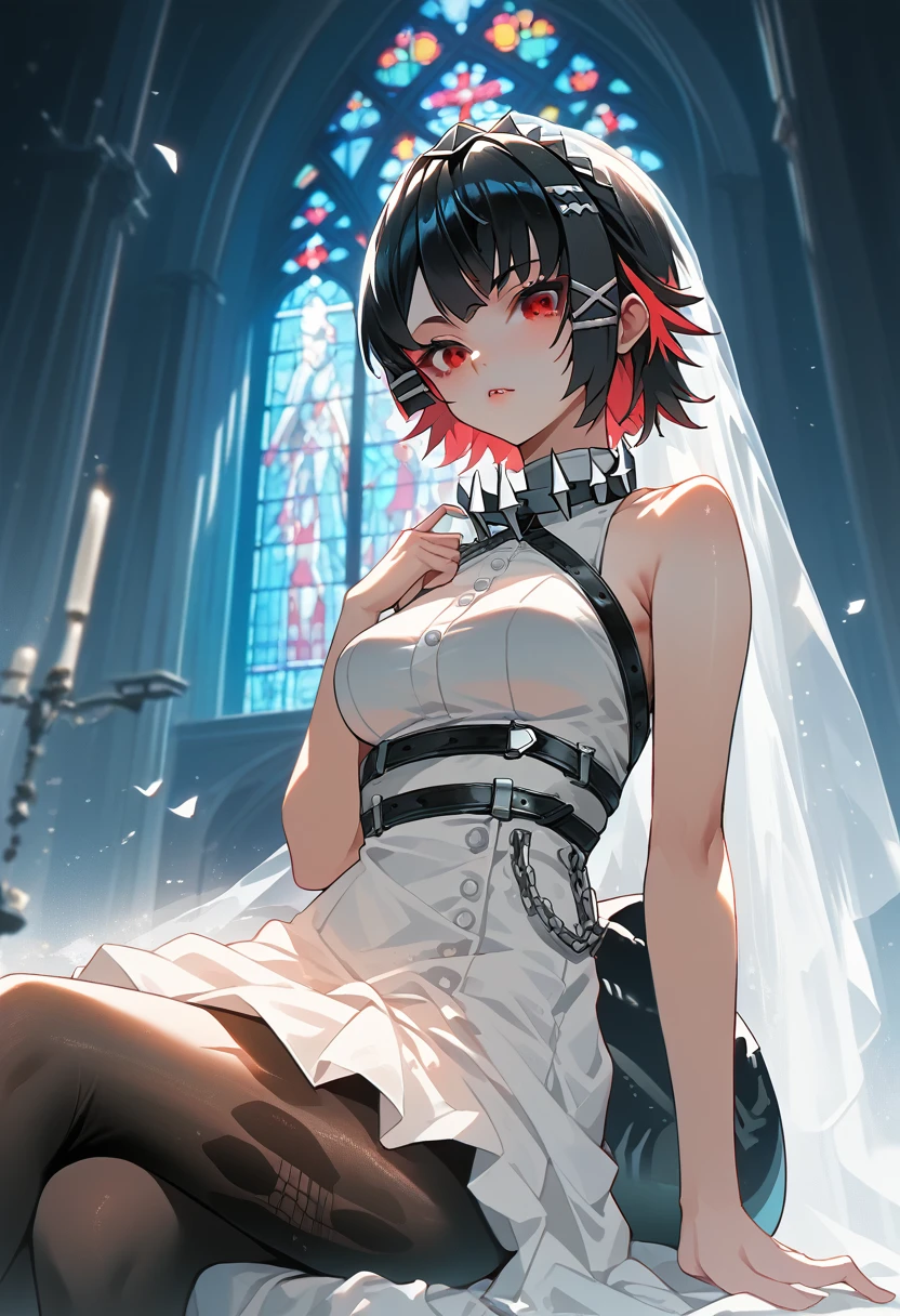 masterpiece，high resolution，Anime Art，Anime Numbers， 4k anime wallpaper，Soft Light，Radiant Skin，Looking at the camera，Solitary，An anime girl，Sitting，White Wedding Dress，Black short hair，Striped hair，Red eyes，Firm breasts，Black pantyhose，Black shark tail，Colorful glass，church