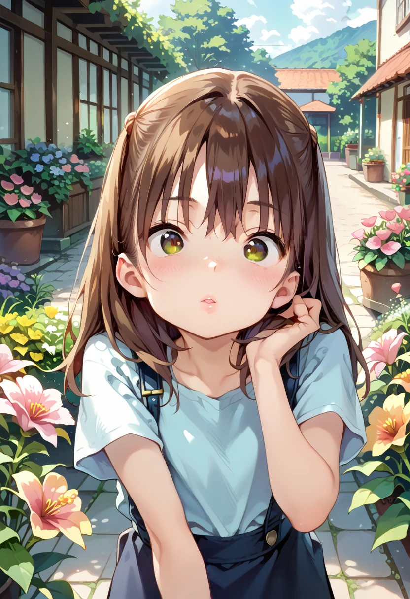 score_9, score_8_up, score_7_up, source_anime, masterpiece, absurdres, perfect face, solo cute expression, perfect face, PonsukeP, 1girl, solo, dark hair, dark brown eyes, bright eyes, split lips, blush, cute, garden, day, flowers.  