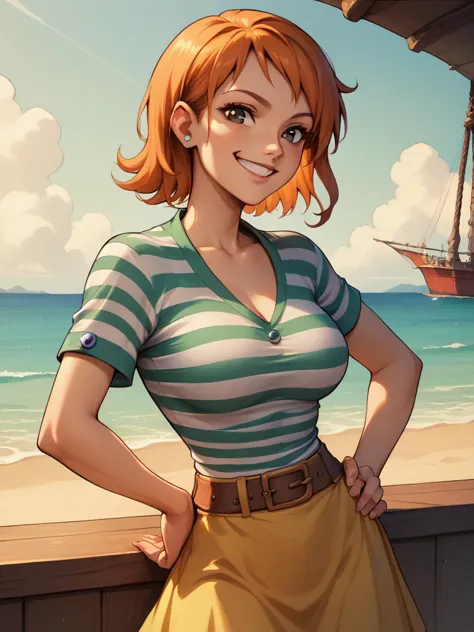 nami, 1girl, short hair, orange hair, solo, striped shirt, yellow skirt, looking at viewer, smile, brown eyes,  upper body,hand ...