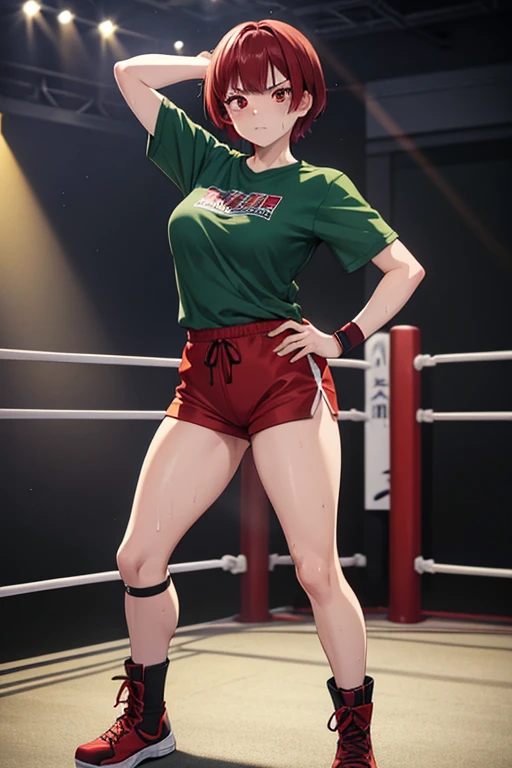 Anime Art、Full body portrait、Professional wrestling ring、A female martial artist, standing upright, about 165cm tall, around 30 years old, wearing a dark green T-shirt and dark green shorts、The hairstyle is a short cut、Red hair、almondeyes、Red Eyes、Angry expression、sports boots、My whole body is wet with sweat、red wristbands、Red knee pads、Freckles on the face、Diagonally below