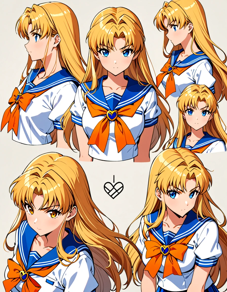 (masterpiece), (best quality), (high res), sailor Venus, tall body, beautiful detailed eyes, beautiful detailed face, serious, perfect hands, complete fingers, perfect anatomy, perfect proportions, ((blonde hair, long hair, hair down)), ((blue eyes)), (( sailor Venus  outfit)), breasts, medium breasts, looking at viewer, (solo, solo focus), sitting , ((yellow V (symbol) on chest)), full body costume design. Simple background, Multiple Views, Character Sheet Full-Length.