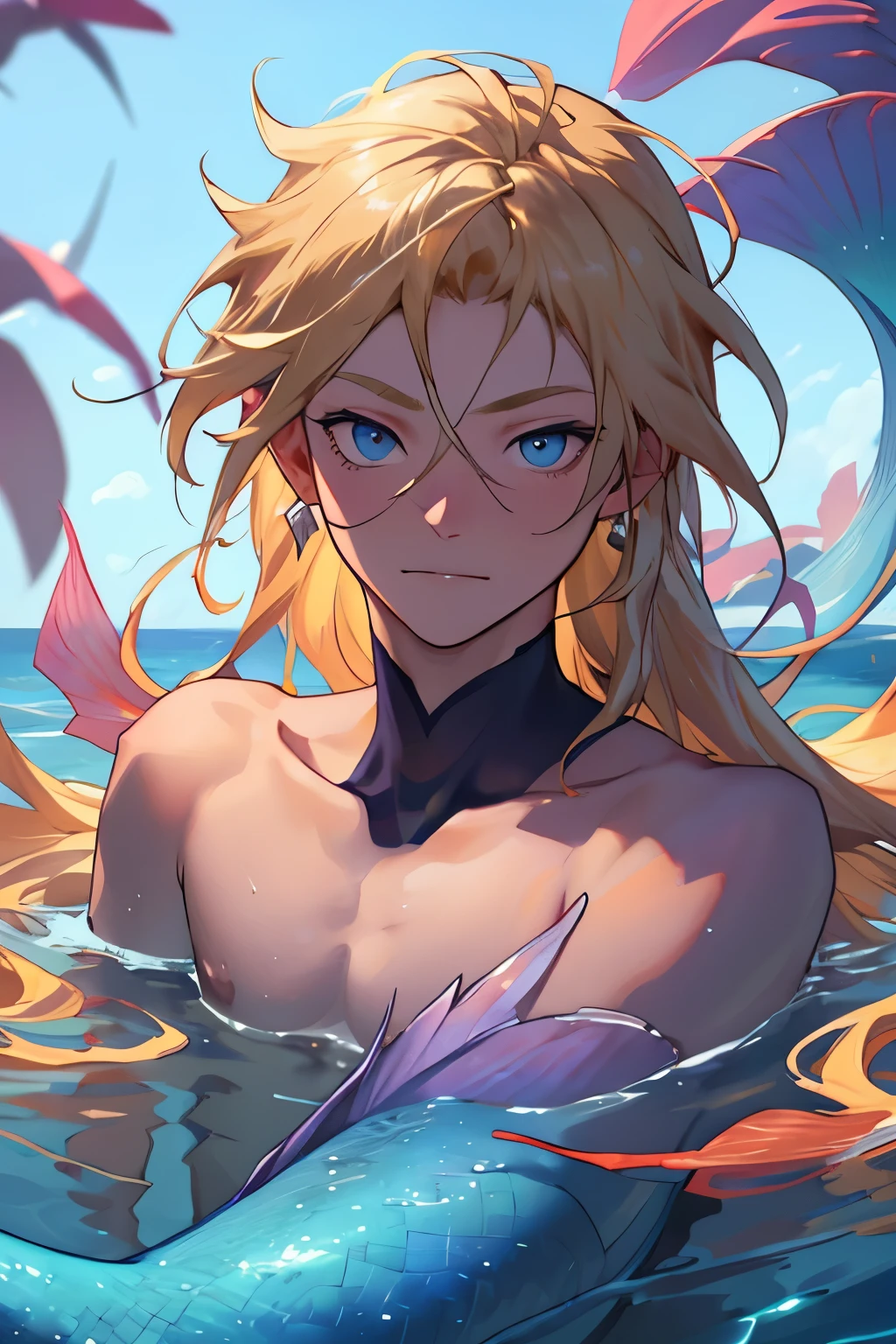 (8k, best qualityer, work of art:1.2),(best qualityer:1.0), (ultra high resolution:1.0), young boy, 精致的面容, long blonde hair with lilac highlights, your eyes are blue, lilac scales, lilac mermaid tail in an ocean, face and bust focus 