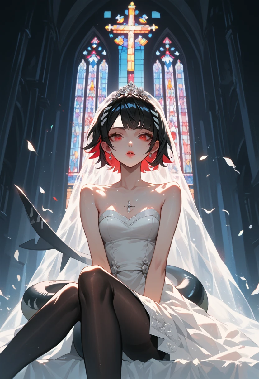 masterpiece，high resolution，Anime Art，Anime Numbers， 4k anime wallpaper，Radiant Skin，Looking at the camera，Solitary，An anime girl，Sitting，Lips up，White Wedding Dress，Black short hair，Striped hair，Red eyes，Quite upturned chest，Black pantyhose，Slender legs，Black shark tail，Colorful glass，church