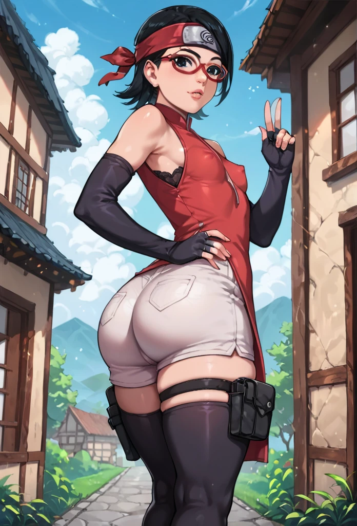 score_9_up, score_8_up, score_7_up, score_6_up, score_5_up, score_4_up, ,zPDXL2, solo, ass focus, rating_safe, perfect face, perfect eyes, D-art art Style, Sarada Uchiha, solo, 1girl, black hair, short hair, red-framed eyewear, headband, glasses, black eyes, double slit red dress, sleeveless, elbow gloves, black gloves, fingerless gloves, white shorts, black thighhighs, thigh holster, large round butt, bubble butt, gluteal fold,thick thighs ,konohagakure village pathway, small breasts ,full lips, wide hips, thick thighs, nipple bulge, Side view, sandals,
