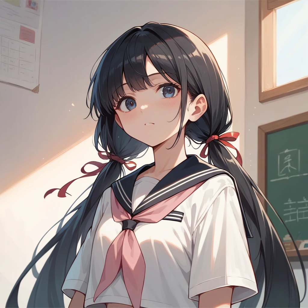 score_9, score_8_up, score_7_up, score_6_up, (best quality, masterpiece, ultra detailed, 8k), anatomically correct, anime, 1girl, very long low twintails, red ribbon, black hair, serafuku, black sailor collar, white blouse, pink neckerchief, school, from front