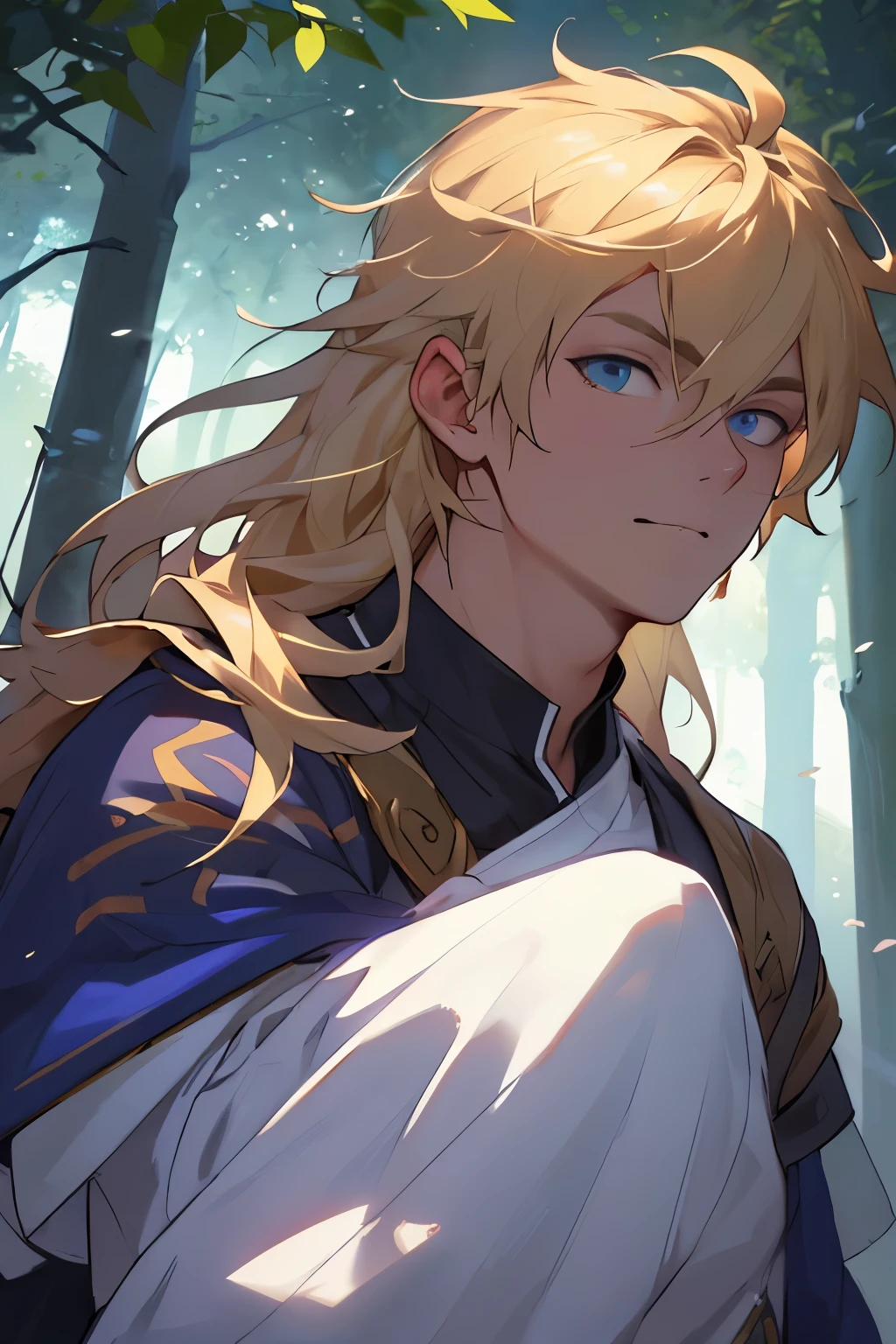 (8k, best qualityer, work of art:1.2),(best qualityer:1.0), (ultra high resolution:1.0), better lighting, young boy, 精致的面容, long blonde hair with lilac highlights, your eyes are blue, in a beautiful forest, wearing purple medieval rpg clothes