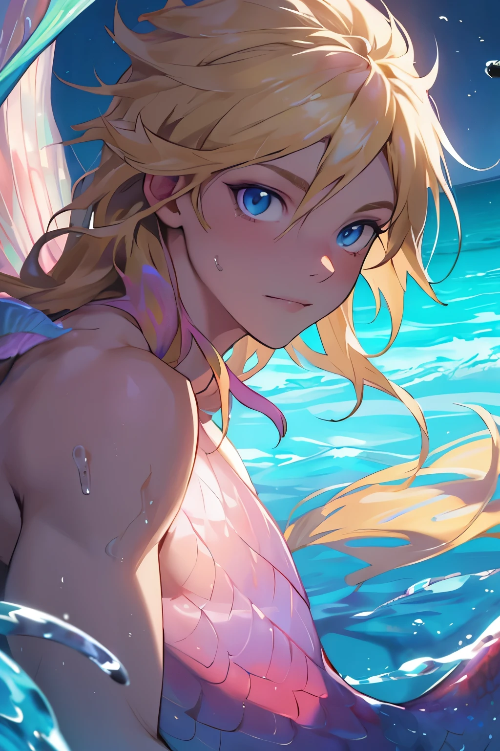 (8k, best qualityer, work of art:1.2),(best qualityer:1.0), (ultra high resolution:1.0), better lighting, young boy, 精致的面容, long blonde hair with lilac highlights, your eyes are blue, lilac scales, lilac mermaid tail, under an ocean, face and bust focus 