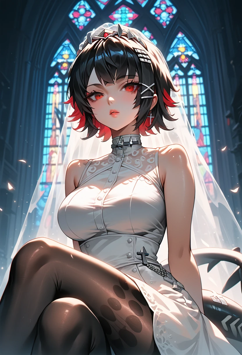 masterpiece，high resolution，Anime Art，Anime Numbers， 4k anime wallpaper，Radiant Skin，Looking at the camera，Solitary，An anime girl，Sitting，Lips up，White Wedding Dress，Black short hair，Striped hair，Red eyes，Big breasts，Black pantyhose，Cross your legs，Black shark tail，Colorful glass，church