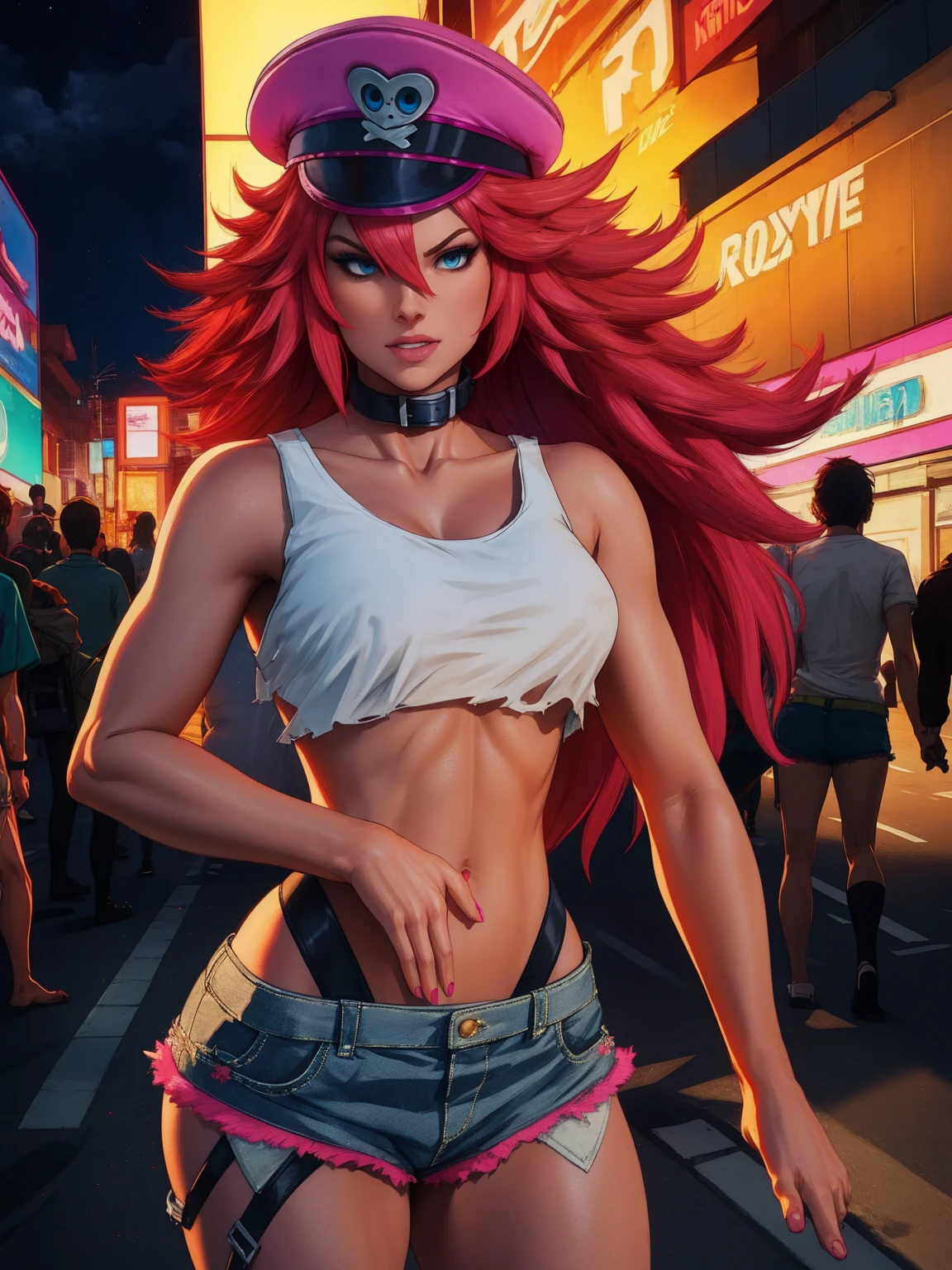 (two girls, Poison Kiss and Roxy) poison,pink hair,blue eyes ,long hair, white crop top,single elbow glove,collar,short shorts, peaked cap, whole body, walking, roxy ,orange hair,blue eyes ,long hair, white crop top,single elbow glove,collar,short shorts, peaked capsmile,looking at viewer, night,neon lights,streets, (insanely detailed, masterpiece, best quality),