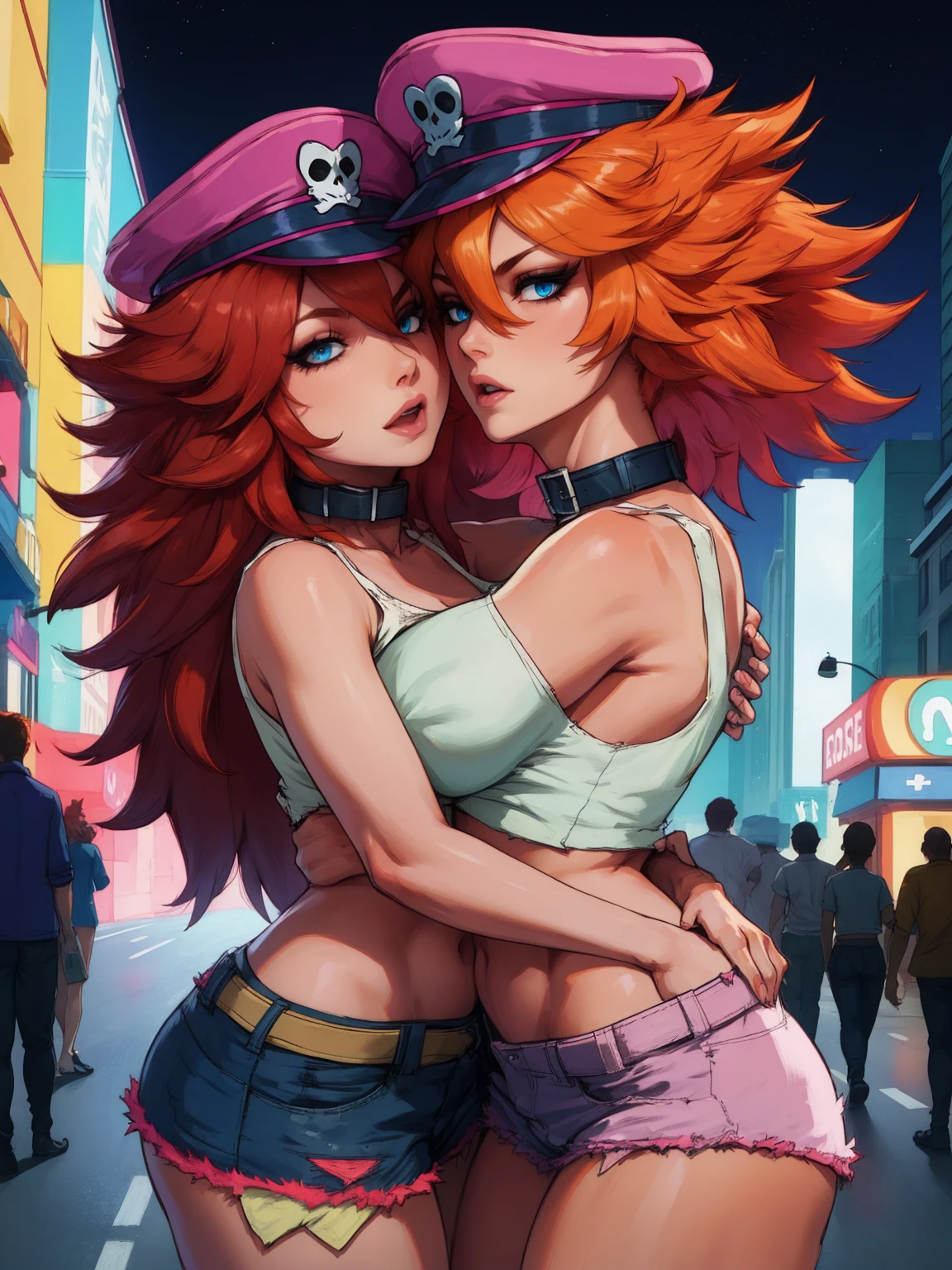 (two girls, Poison Kiss and Roxy) poison,pink hair,blue eyes ,long hair, white crop top,collar,short shorts, peaked cap, whole body, hug, roxy ,orange hair,blue eyes ,long hair, white crop top,collar,short shorts, peaked capsmile,looking at viewer, night,neon lights,streets, (insanely detailed, masterpiece, best quality),