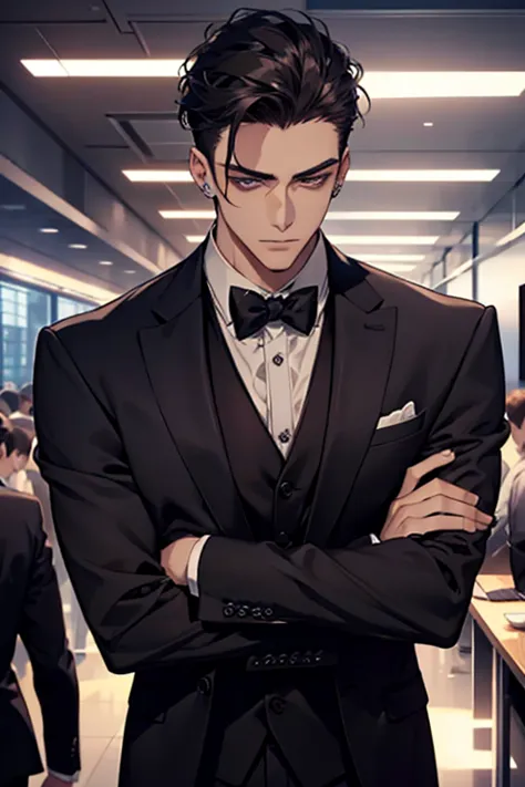 a handsome man in a suit, detailed face, piercing eyes, sharp jawline, neat hairstyle, formal attire, smart and confident expression, in an office or business setting, photorealistic, 8k, high quality, cinematic lighting, warm color tones,