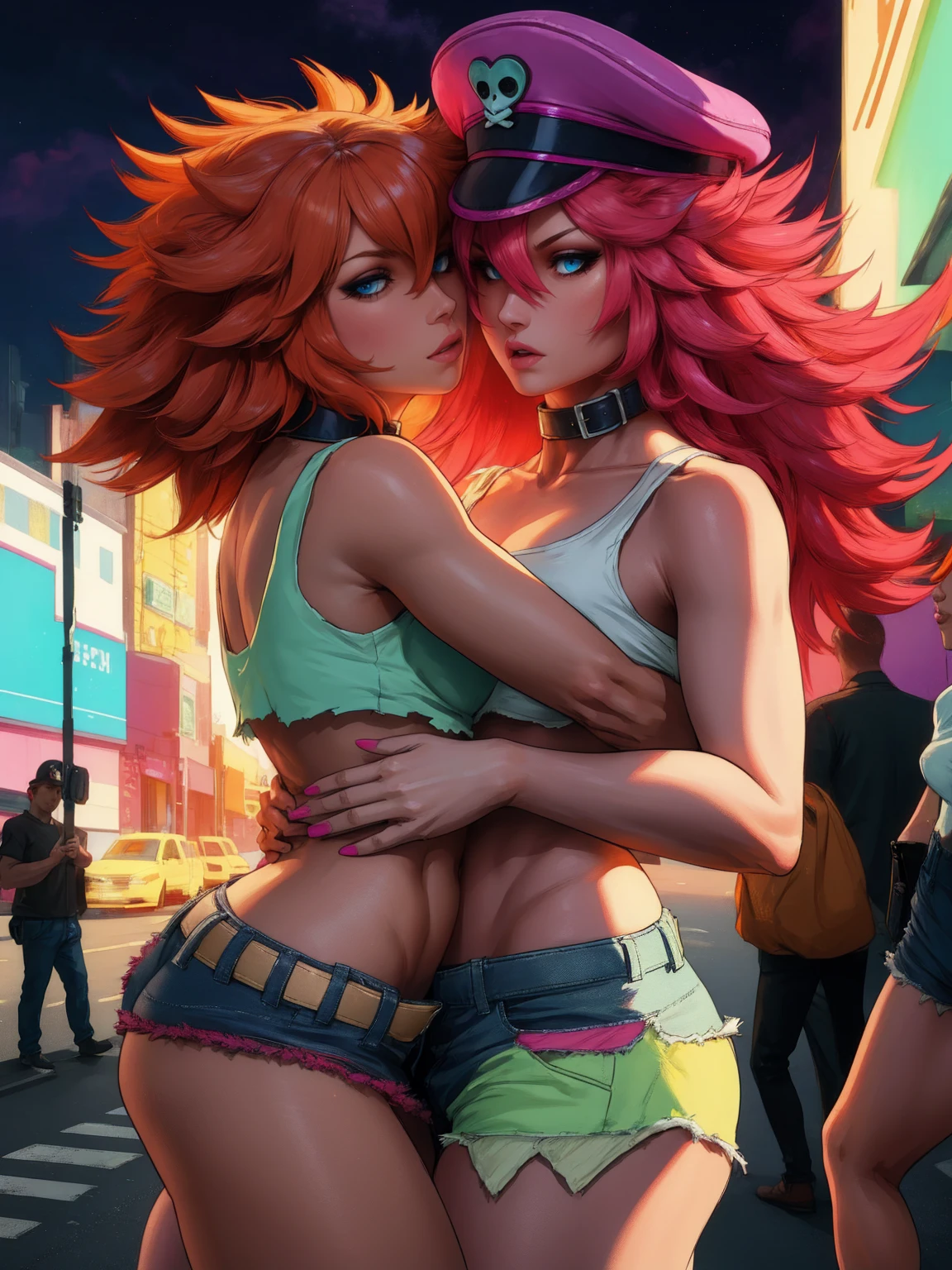 (two girls, Poison Kiss and Roxy) poison, long pink hair,blue eyes ,long hair, white crop top,collar,short shorts, peaked cap, whole body, hug, roxy ,long orange hair,blue eyes ,long hair, white crop top,collar,short shorts, peaked capsmile,looking at viewer, night,neon lights,streets, (insanely detailed, masterpiece, best quality),