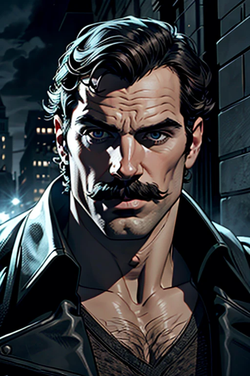 henry cavil, mustache, noir dectetive in a dark ally