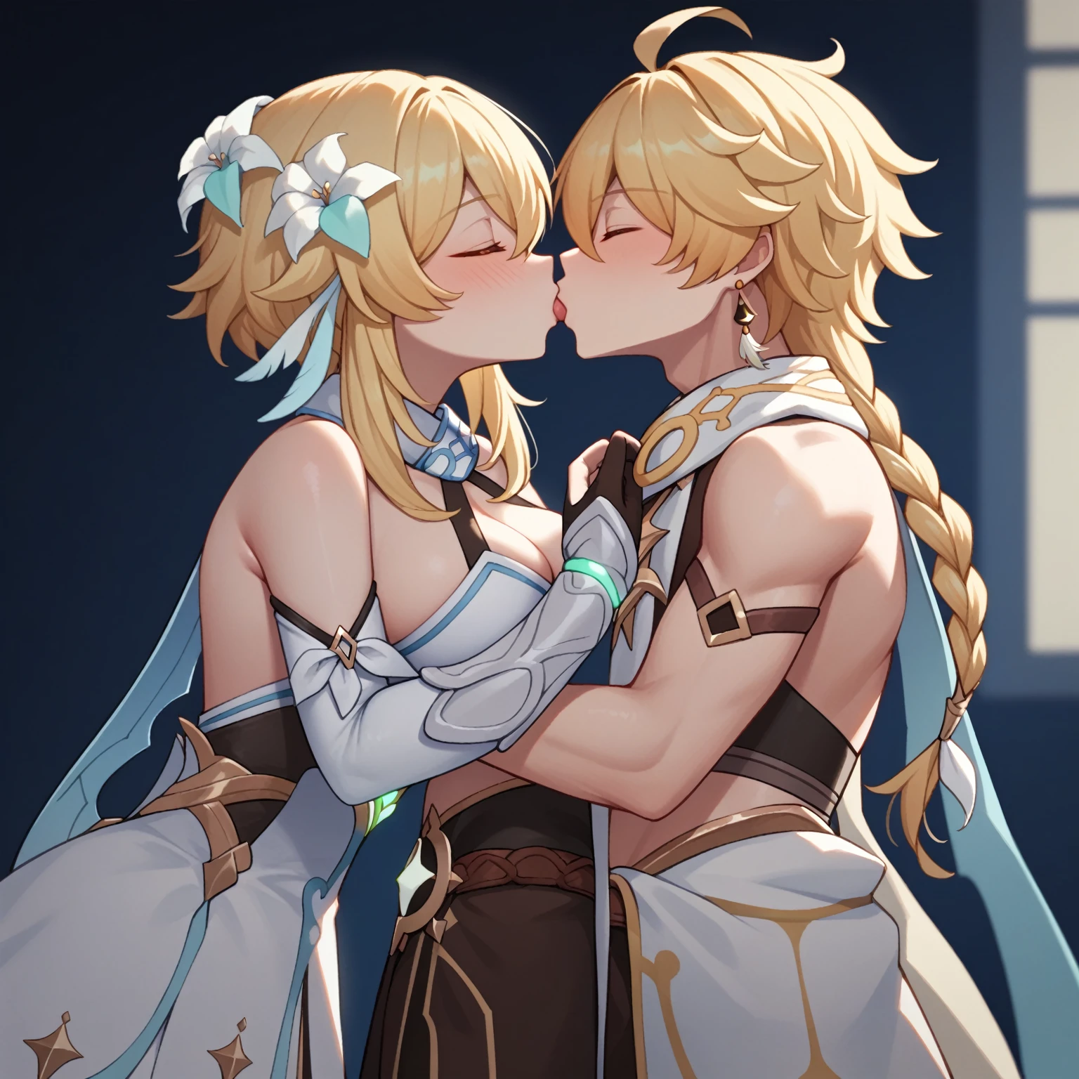 lumine_\(genshin_impact\)/aether_\(genshin_impact\). 1girl1guy.
Standing next to each other.
Kissing. Aethers hand on lumines clothed breast. Aether has bulge
