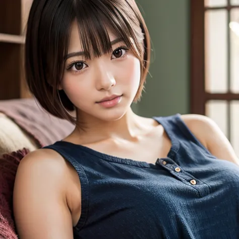 a japanese girl with casual fashion, brown short cut hair, big tits, cheating her boyfriend, full body shot, 1girl, surrealism, ...