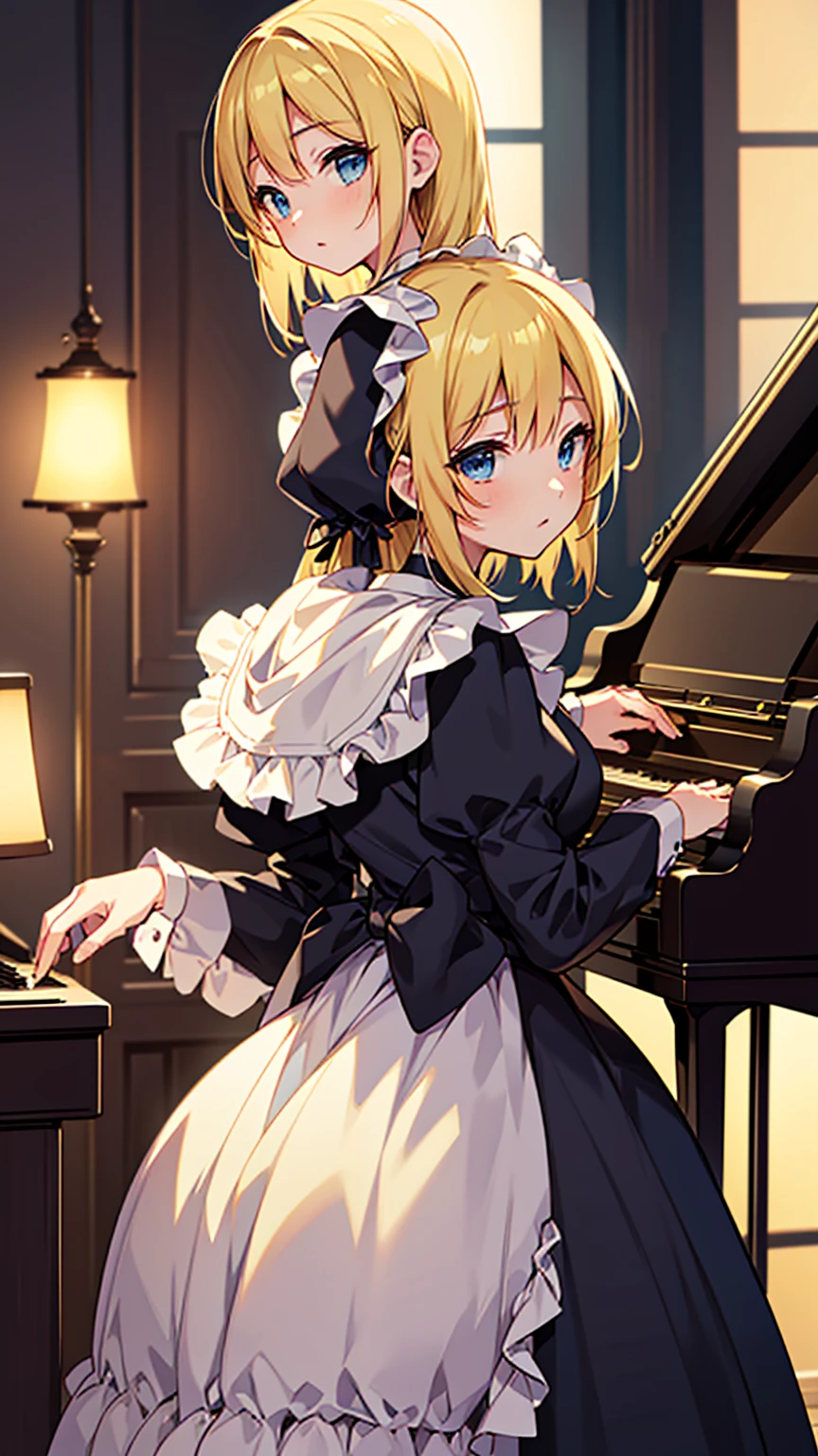 an anime drawing about a young blonde lady, blue eyes, beautiful body, dressed with a black maid dress, playing the piano. Background is a old fashioned house with yellow lamps, huge and rich, very detailed, 4K, colorful, masterpiece.