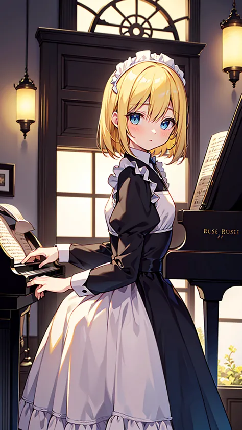 an anime drawing about a young blonde lady, blue eyes, beautiful body, dressed with a black maid dress, playing the piano. backg...