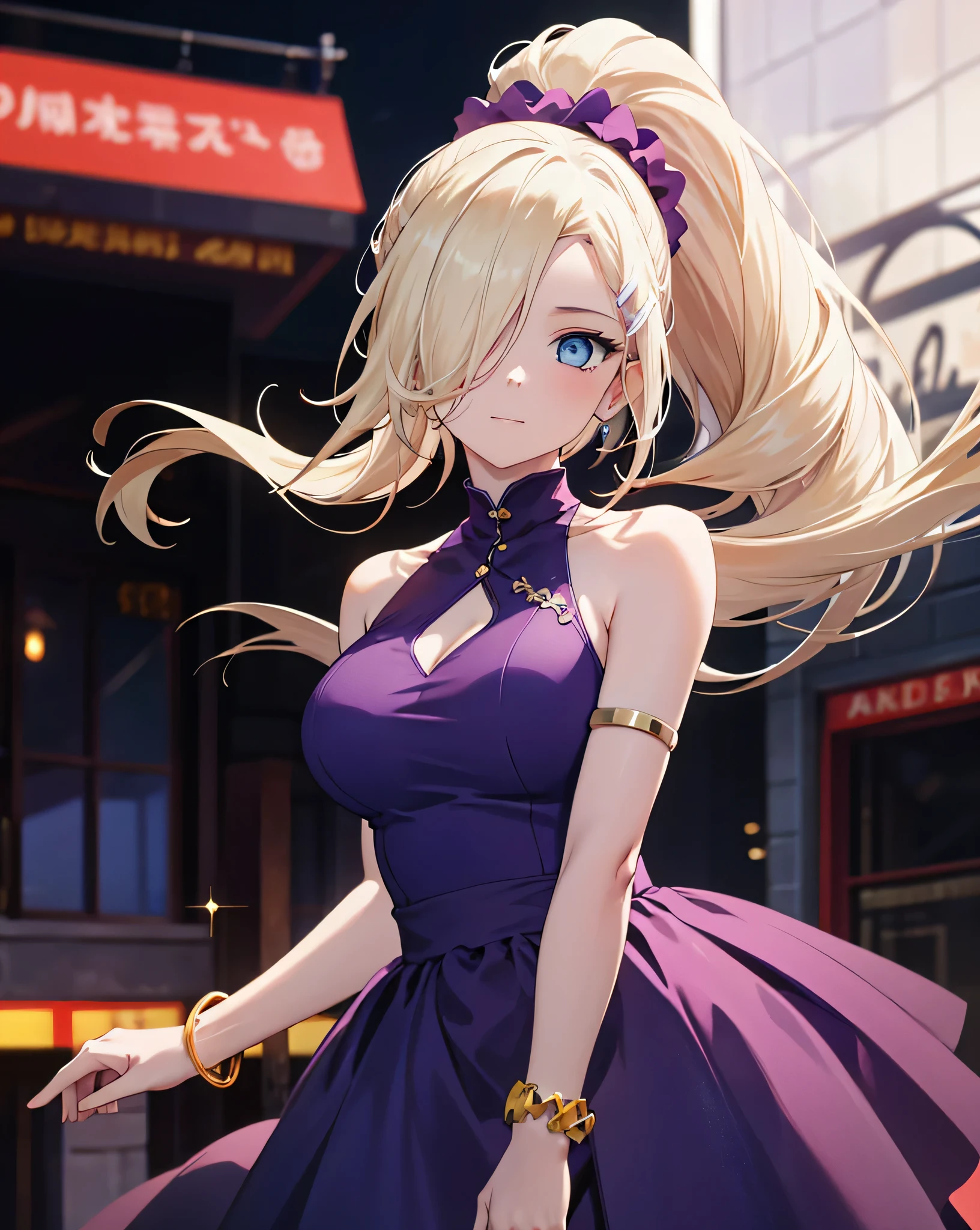 masterpiece, best quality, absurdes, 1woman, 1girl, solo, bokeh, 8k, natural shading, lighting, blonde hair, hair over one eye, blue eyes, high ponytail, hair scrunchie, large breasts, red scrunchie, purple sleeveless dress, bare shoulders, purple skirt, bracelet, detailed fingers, detailed face, high resolution, detail background, hut,