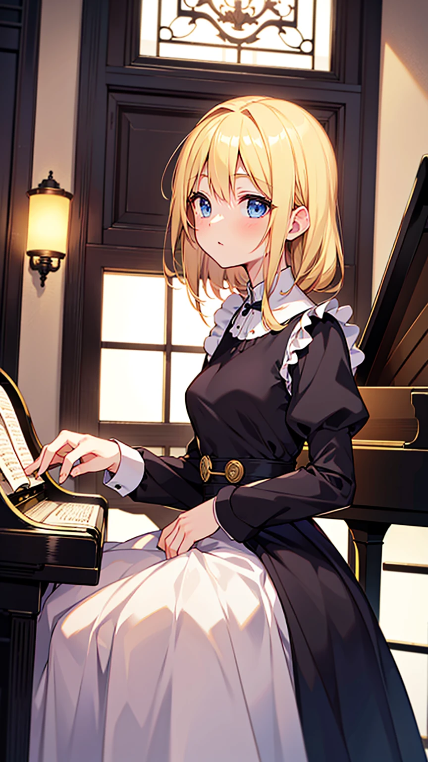 an anime drawing about a young blonde lady, blue eyes, beautiful body, dressed with a black maid dress, playing the piano. Background is a old fashioned house, huse and rich, with yellow lamps, very detailed, 4K, colorful, perfect body, perfect face, perfect hands, masterpiece.