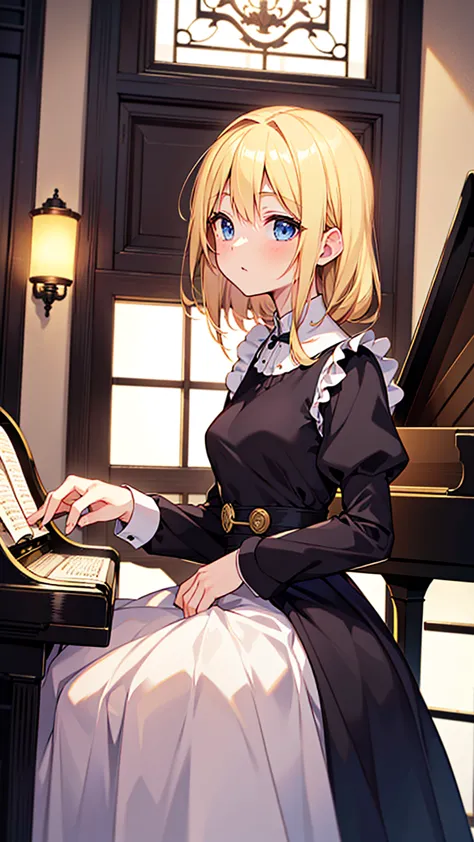 an anime drawing about a young blonde lady, blue eyes, beautiful body, dressed with a black maid dress, playing the piano. backg...