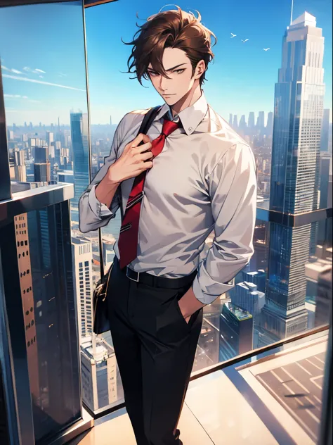 anime sexy man, dark hair, white office shirt, trousers, on the top of a skyscraper