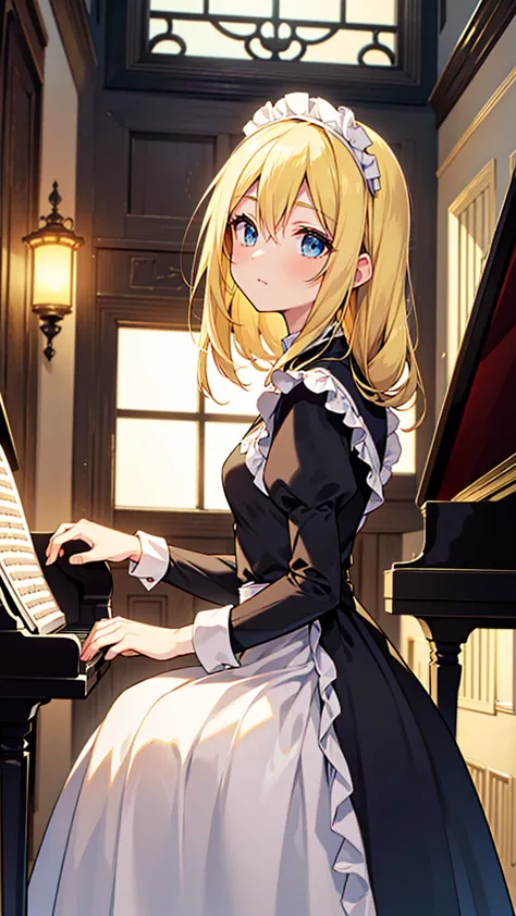 an anime drawing about a young blonde lady, blue eyes, beautiful body, dressed with a black maid dress, playing the piano. backg...