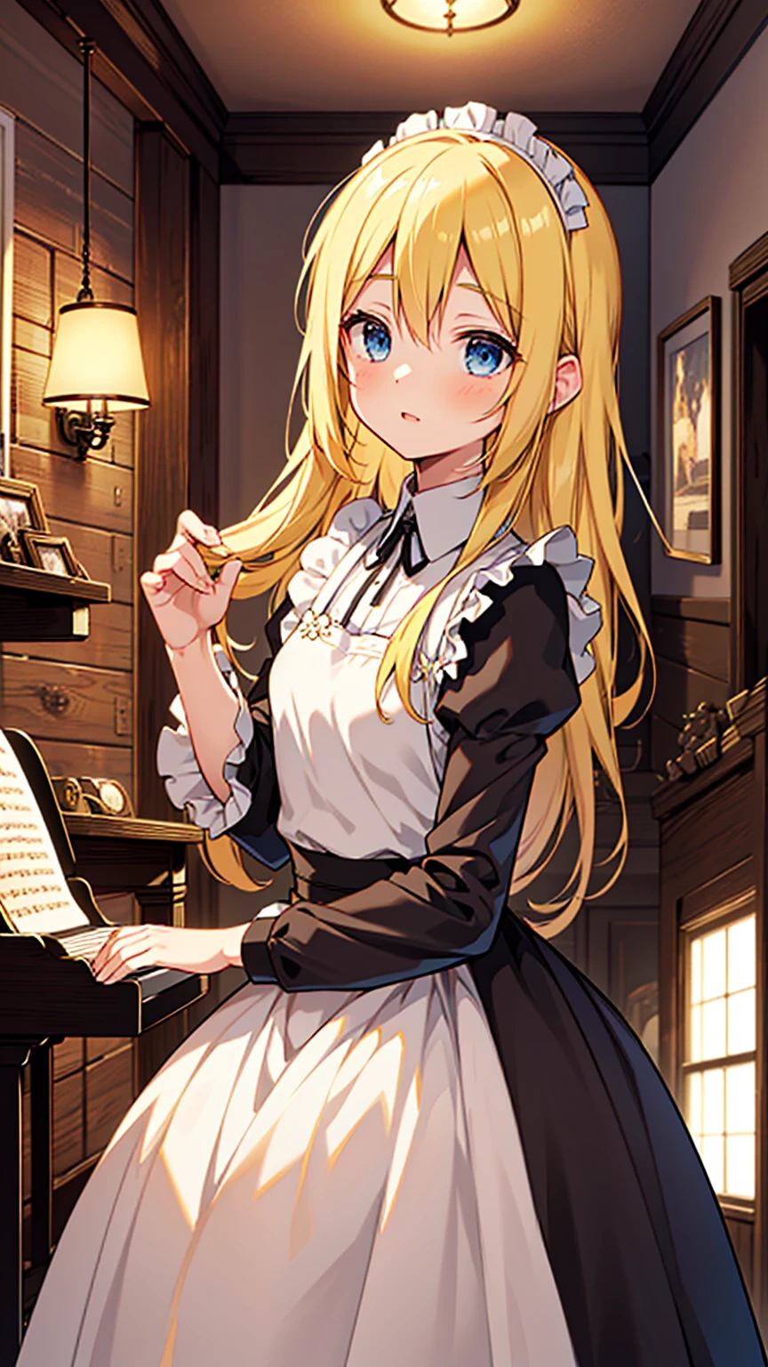 an anime drawing about a young blonde lady, blue eyes, beautiful body, dressed with a black maid dress, playing the piano. Background is a old fashioned house, huse and rich, with yellow lamps, rustic walls, very detailed, 4K, colorful, predominant rustic orange, rustic details, perfect body, perfect face, perfect hands, masterpiece.