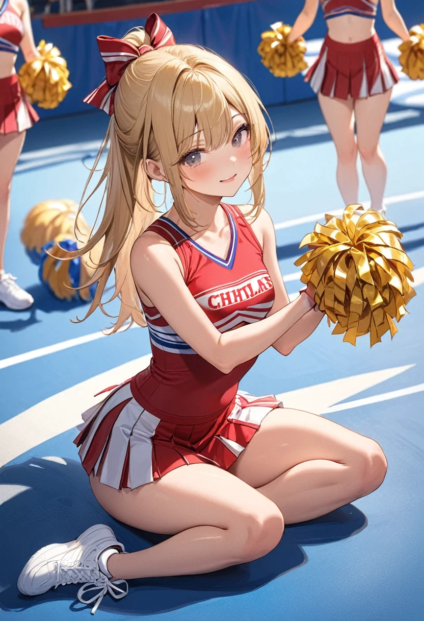 (masterpiece, best quality:1.2), 1girl, full body,gold hair,straight hair,cheerleaders,(pom-pom in both hands:1.3), gymnastics sitting