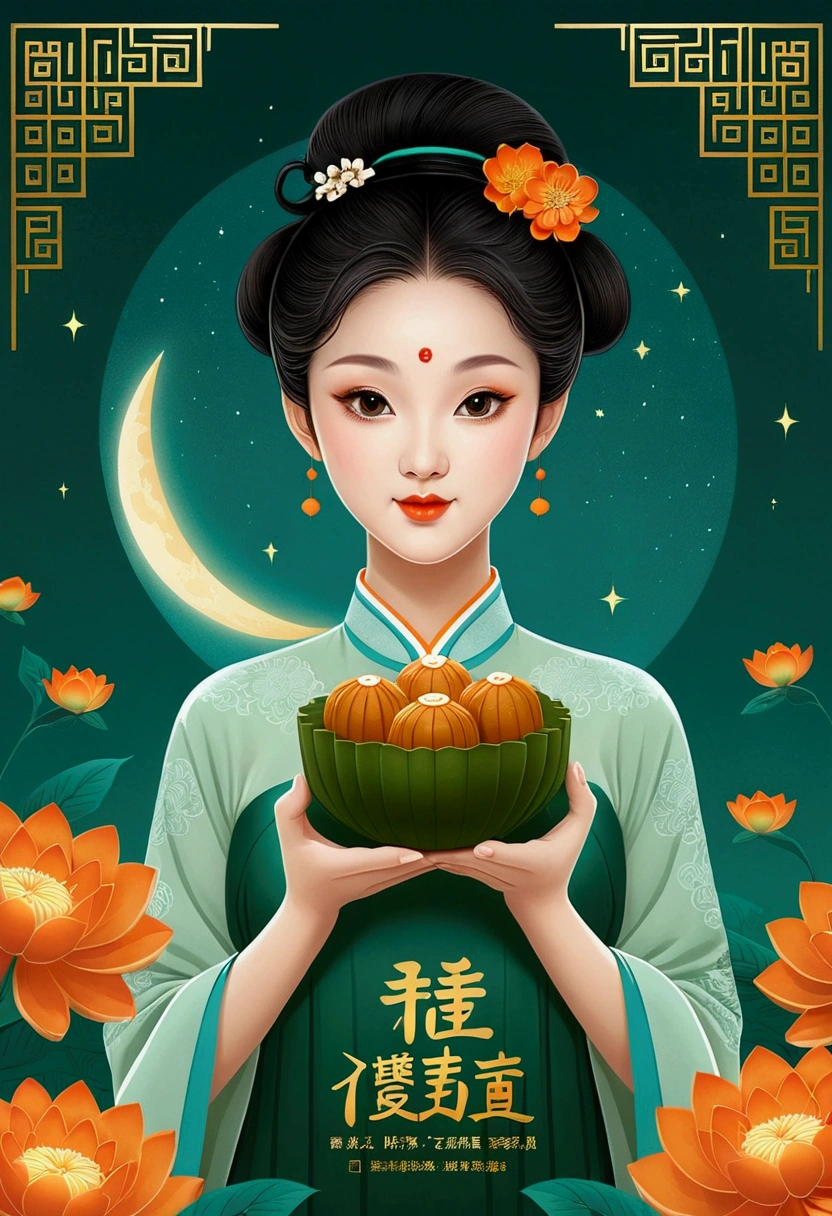 Mid-Autumn Festival poster design，girl，Cyan and Green， mooncakes，moon，orange color，big eyes，Cute expression，Two hair buns，cheongsam，cartoon，Fresh，Romantic，Simple，Modern design