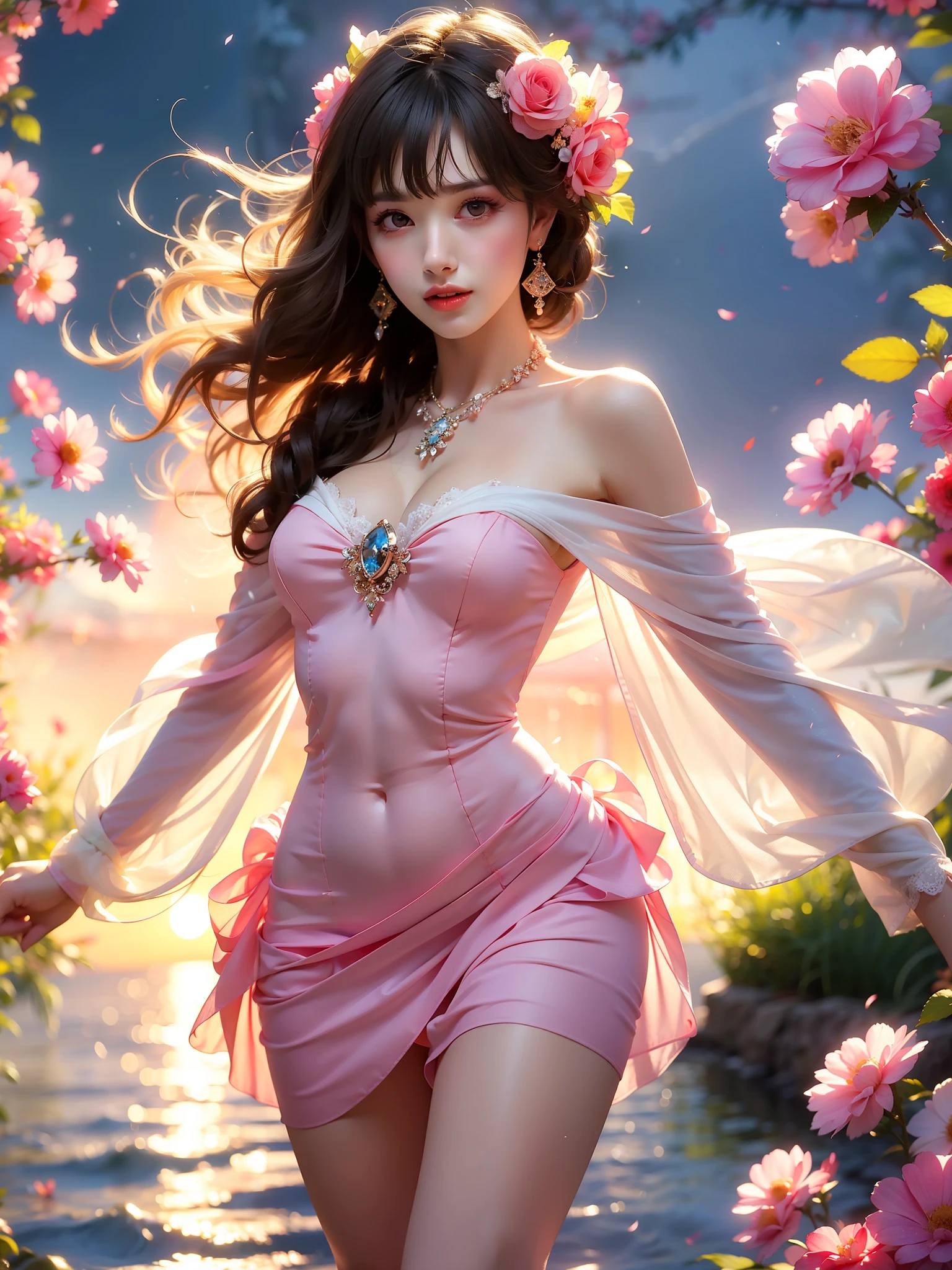 sheer skirt
sheer dress
sheer jacket,比基尼 (High quality details), 1 Girl, solo, Young women, Elegant Posture, ((night, moonlight)), In the water, (Focus on natural body posture and correct anatomy:1.3), (Perfect leg proportions:1.3)，(True and accurate leg shape:1.2), ((Natural leg position)), The skirt is very short, One hand stroked the hem of the skirt, Lift the hem of the skirt, Bare shoulders, Natural posture, Soft expression, Exquisite makeup, Soft blush, Bright Eyes, Soft lips, Flower fairy style, ((Anatomically accurate)), (Real natural legs), Smooth skin, Soft lighting, high resolution, 8K Ultra HD, Clear focus, Professional photography effects, Random elegant scenes, Multi-angle shooting