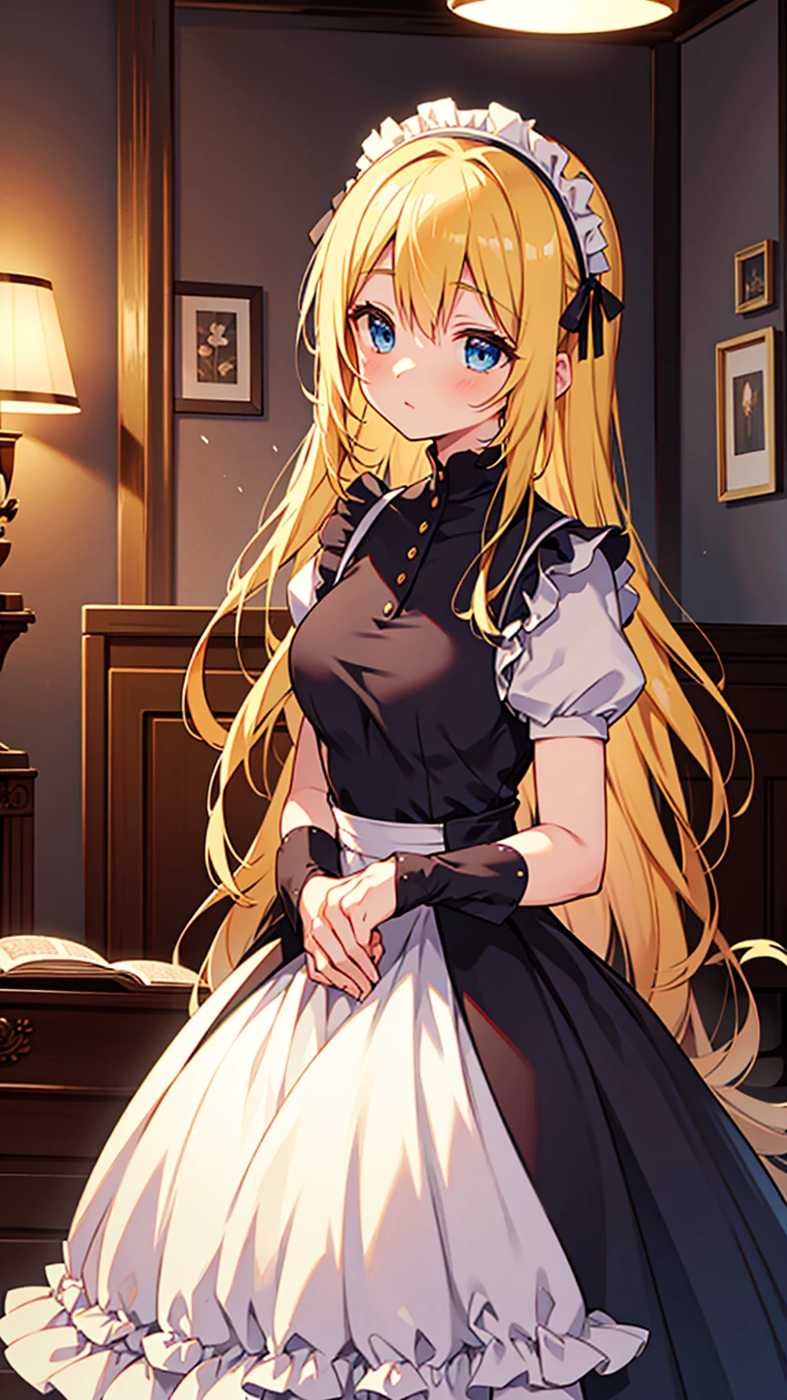 an anime drawing about a young blonde lady, blue eyes, beautiful body, dressed with a black maid dress, playing the piano in a large room. Background is a old fashioned house, huge and rich, with yellow lamps and beautiful flowers, rustic walls, very detailed, 4K, colorful, predominant rustic orange, rustic details, perfect body, perfect face, perfect hands, masterpiece.