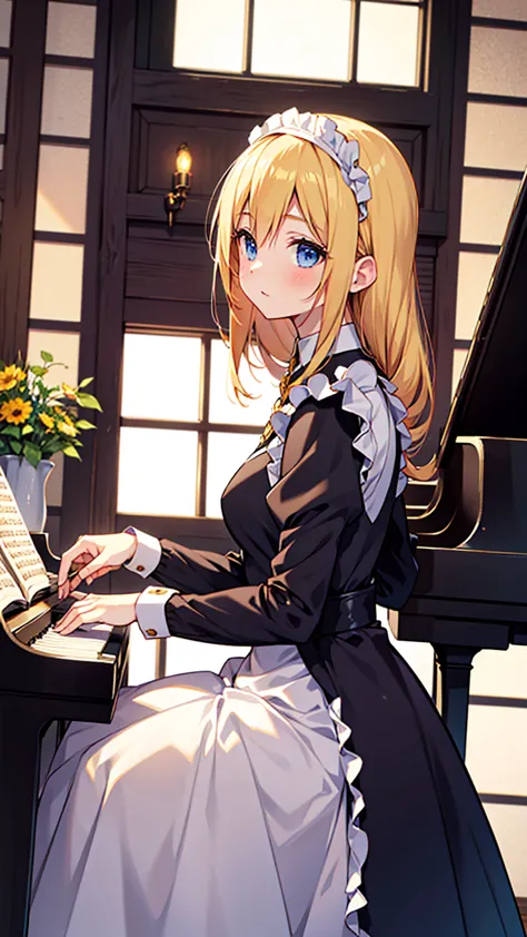 an anime drawing about a young blonde lady, blue eyes, beautiful body, dressed with a black maid dress, playing the piano in a l...