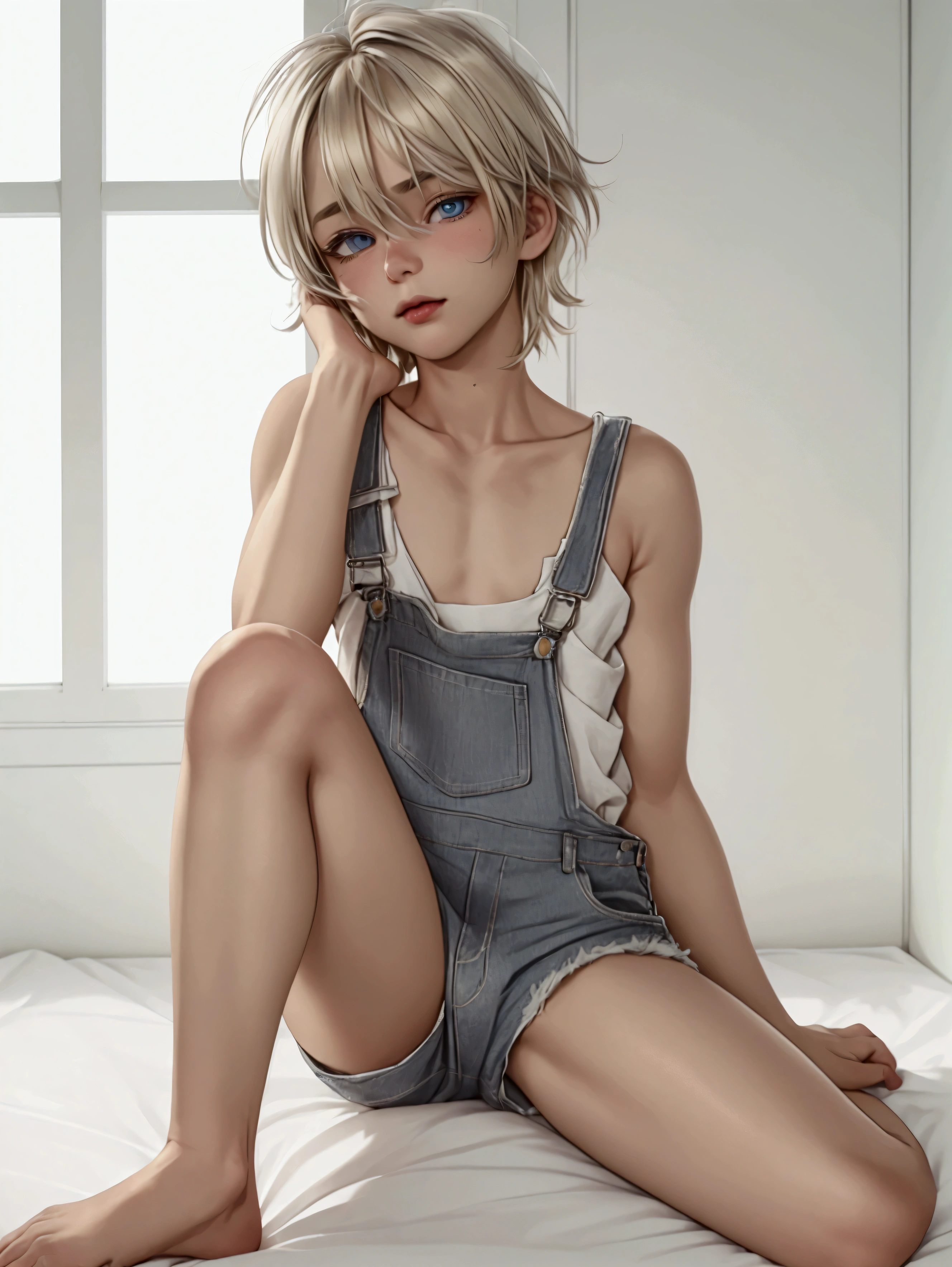 Anime style, Highres, Masterpiece, Best quality at best, Best Quality, hight quality, hight detailed, 1boy, (little boy), boy, blonde boy, blond Hair, perfect boy body, cute boy, detailed light blue eyes, detailed eyes, short hair, messy hair, pastel rainbow inner hair color mesh, Neutral Facial Features, boy flirty posing, wears a cheeky overalls shorts, overalls, jean overalls, cuffed overalls, shirtless boy chest, overalls over skin, bare shoulders,bare sleeves, bare arms,(tiny bulge on overalls), without breasts, silver necklace with a pastel pink heart, boy chest, beautiful long legs, full body, perfect bare feet, hot summer sunset on the beach, boy flirty posing, blond Hair, short hair, messy hair, pastel rainbow inner hair color mesh, highest quality,