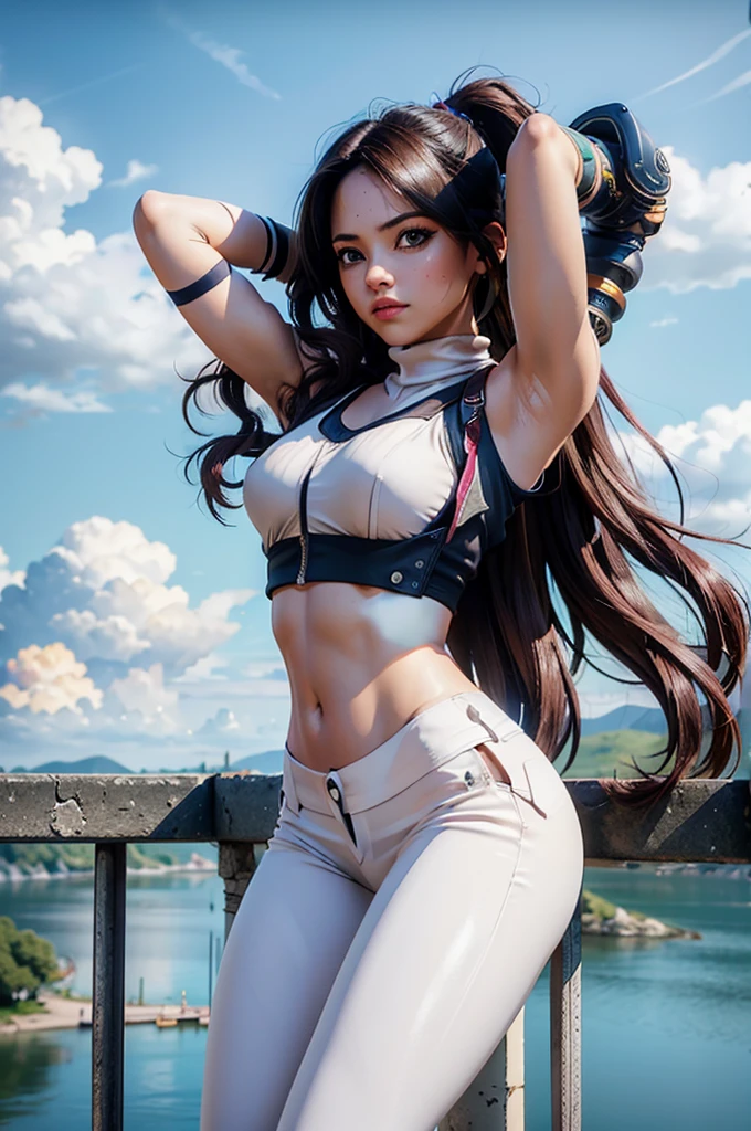 a female model wearing white high tech pants, posing on a bridge, 1girl, solo, arms up, fingerless gloves, gloves, crop top, armpits, navel, stretching, long hair, tifa lockhart, toned, cloud