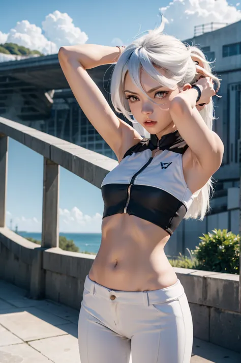 a female model wearing white high tech pants, posing on a bridge, 1girl, solo, arms up, fingerless gloves, gloves, crop top, arm...