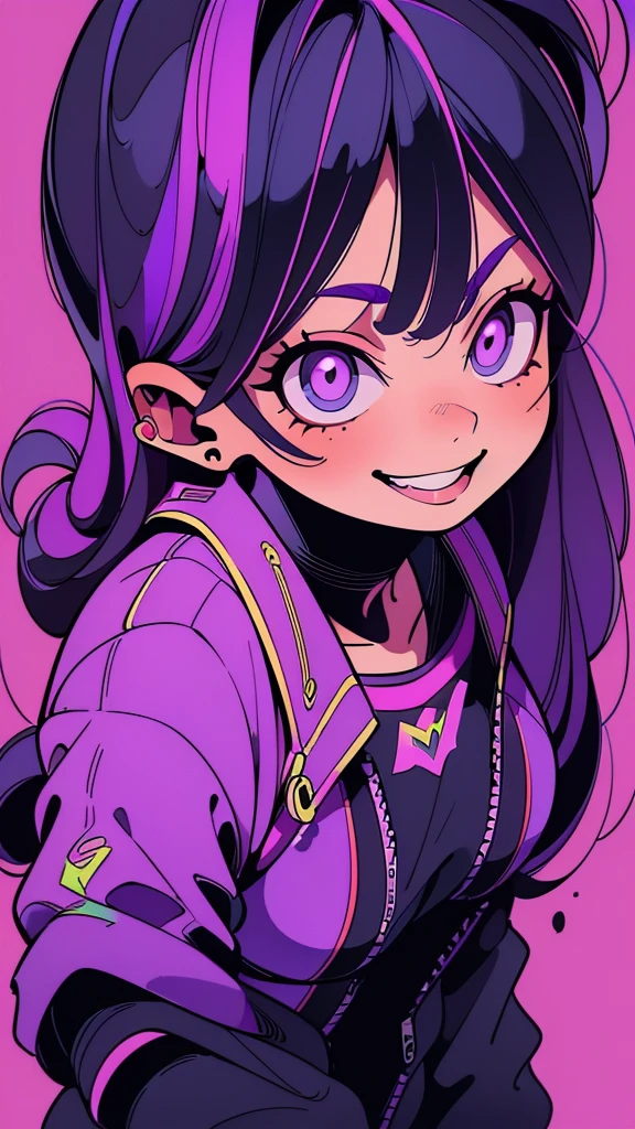 ((illustrator)), flat color, (animated style), Sketch,realist, 1 girl, bright lip, jogging suits, order, (((long asymmetrical hair))),((evil smile)), purple ((gradient)) bottom, (neon hair), portrait, (dynamic angle:1.5),(girl close-up), ((looking away)), ((open neckline))