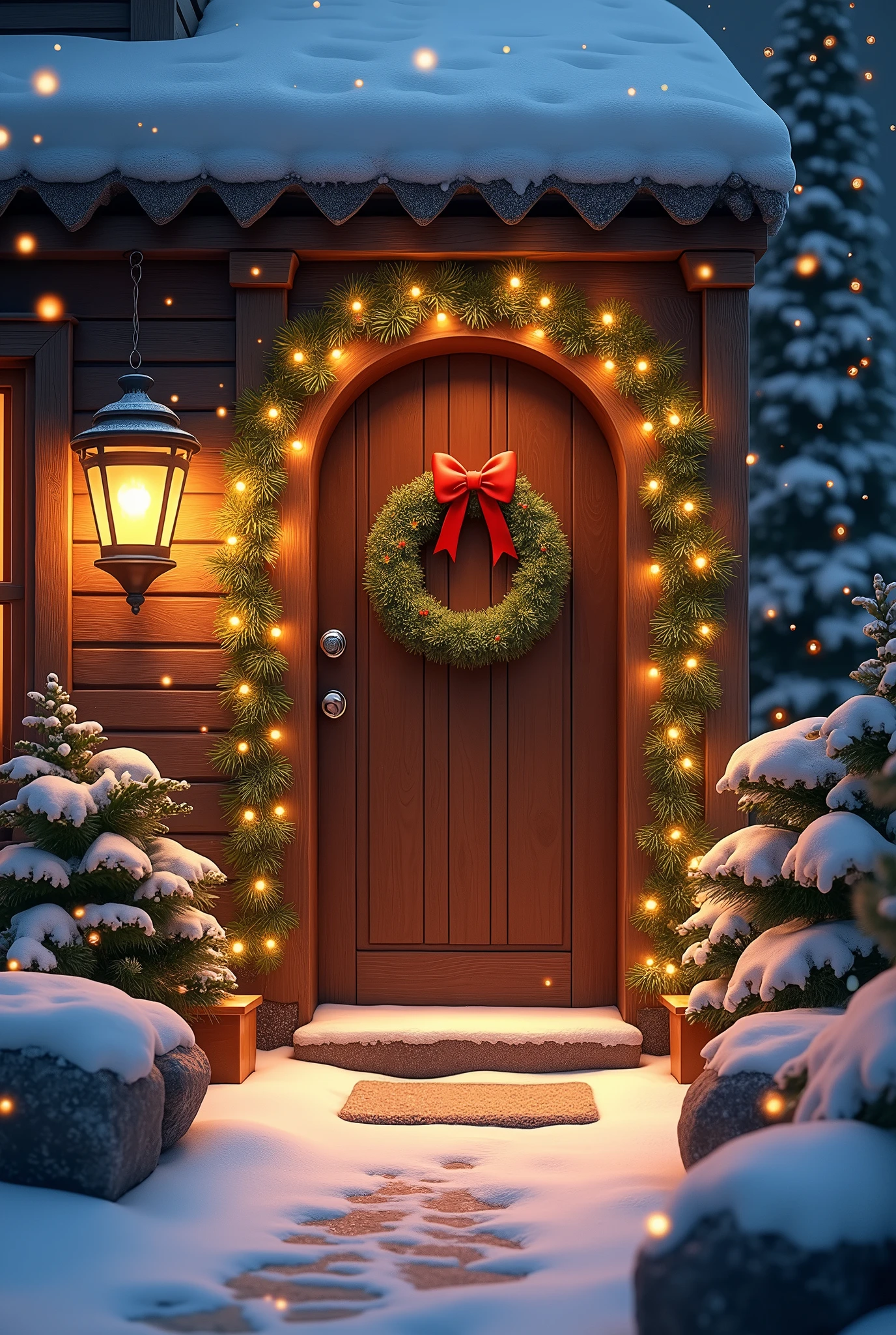 create a christmas scene, with door, snow falling, lights on, with the highest possible resolution
