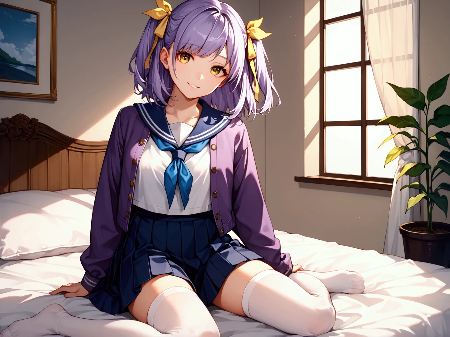 score_9, score_8_up, score_7_up, 1girl, solo, light purple hair, medium hair, two-side up, hair ribbon, yellow ribbon, yellow ey...