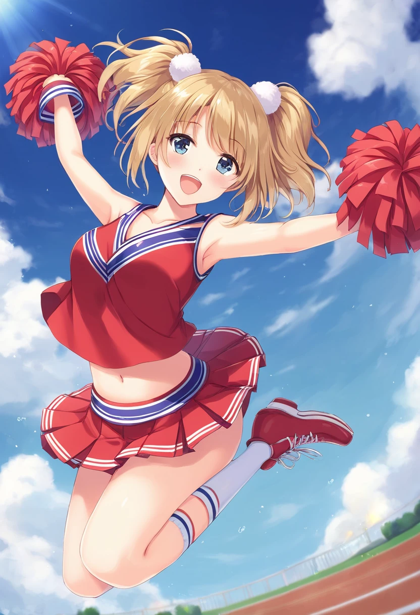 (masterpiece, best quality:1.2), 1girl, full body,cheerleaders,random hair style,random haight,random body style,(pom-pom in both hands:1.3),jumping