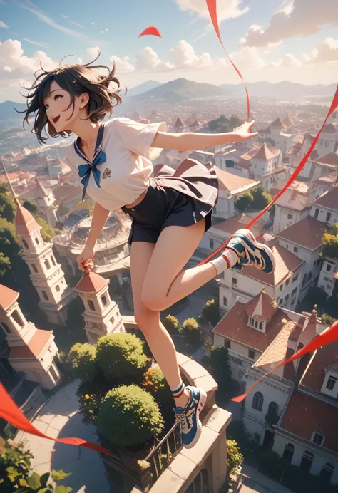 (masterpiece, best quality:1.2), 1girl, full body,black hair,bob hair,jumping