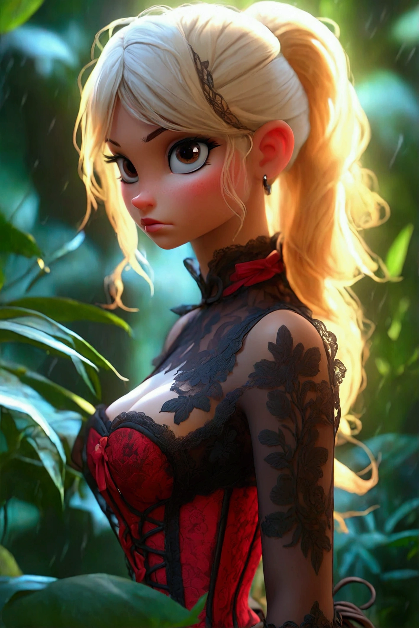 full body, pony tail, cute, petite, lace transparentdark red corset, lace transparent sexy stockung with pattern, sexy pose, masterpiece, best quality, 8k, detailed skin texture, detailed cloth texture, beautiful detailed face, intricate details, ultra detailed, in jungle, NSFW