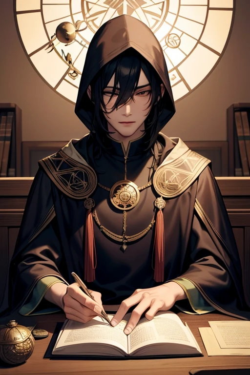 An Asian pretty boy wearing a cloak, with his face partially hidden by the hood, sitting at a table with a Feng Shui compass, tortoise shell, crystal ball, and other divination tools and books, set against a white background, mysterious and enigmatic atmosphere, detailed and high resolution.