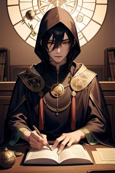 an asian pretty boy wearing a cloak, with his face partially hidden by the hood, sitting at a table with a feng shui compass, to...