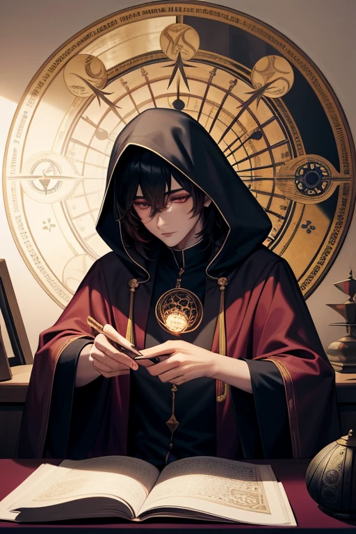 An Asian pretty boy wearing a cloak, with his face partially hidden by the hood, sitting at a table with a Feng Shui compass, tortoise shell, crystal ball, and other divination tools and books, set against a white background, mysterious and enigmatic atmosphere, detailed and high resolution.